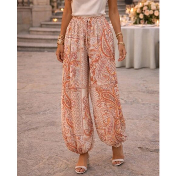 MDM Lux Pants - Boho Paisley Elastic-Waist Harem Trousers - Peach